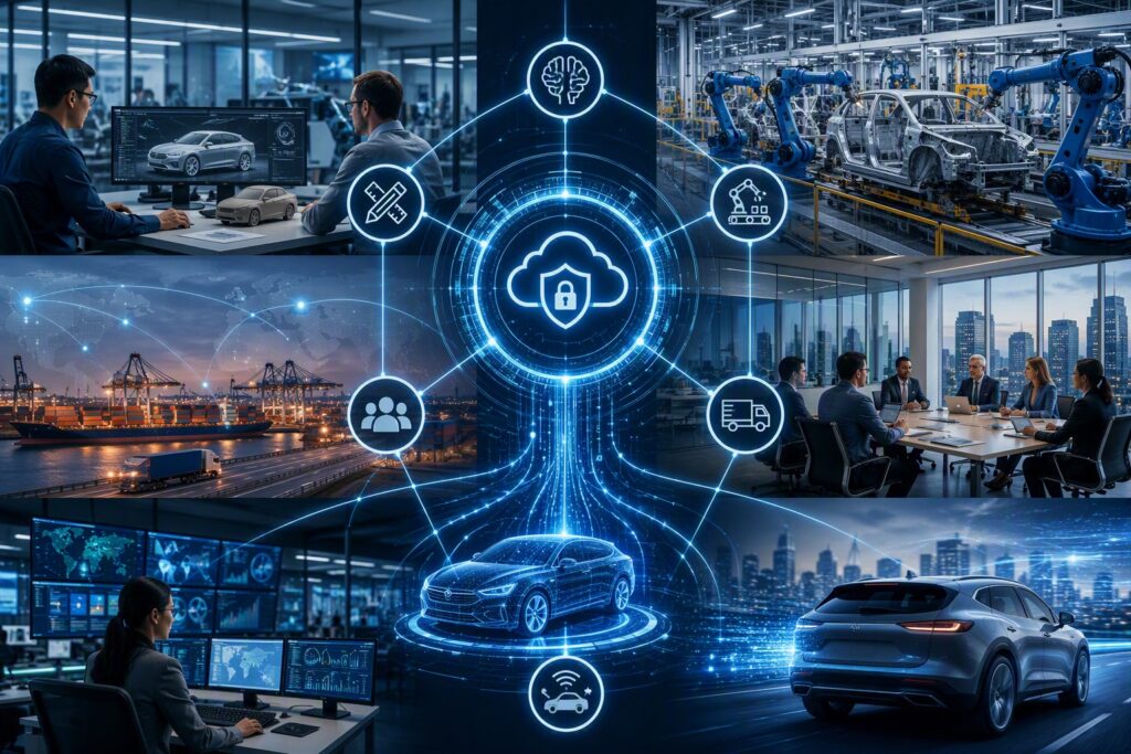 Connected automotive engineering, manufacturing, supply chain, and corporate operations unified through secure AI and digital infrastructure.