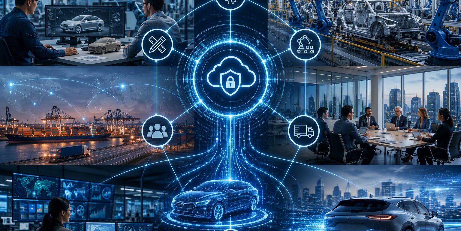 Connected automotive engineering, manufacturing, supply chain, and corporate operations unified through secure AI and digital infrastructure.
